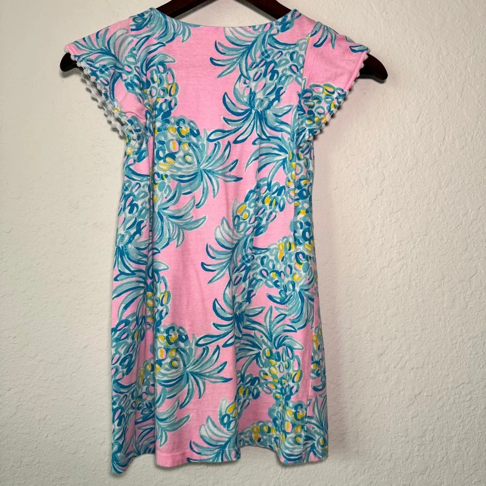 Lilly Pulitzer Girls Pink Blue Pineapple Print Cotton Dress Pom Pom Trim M 6-7